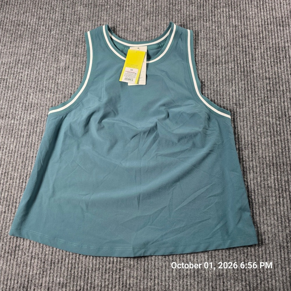 All in Motion Teal Blue Active Tank Top Striped Trim Open Back XS NWT